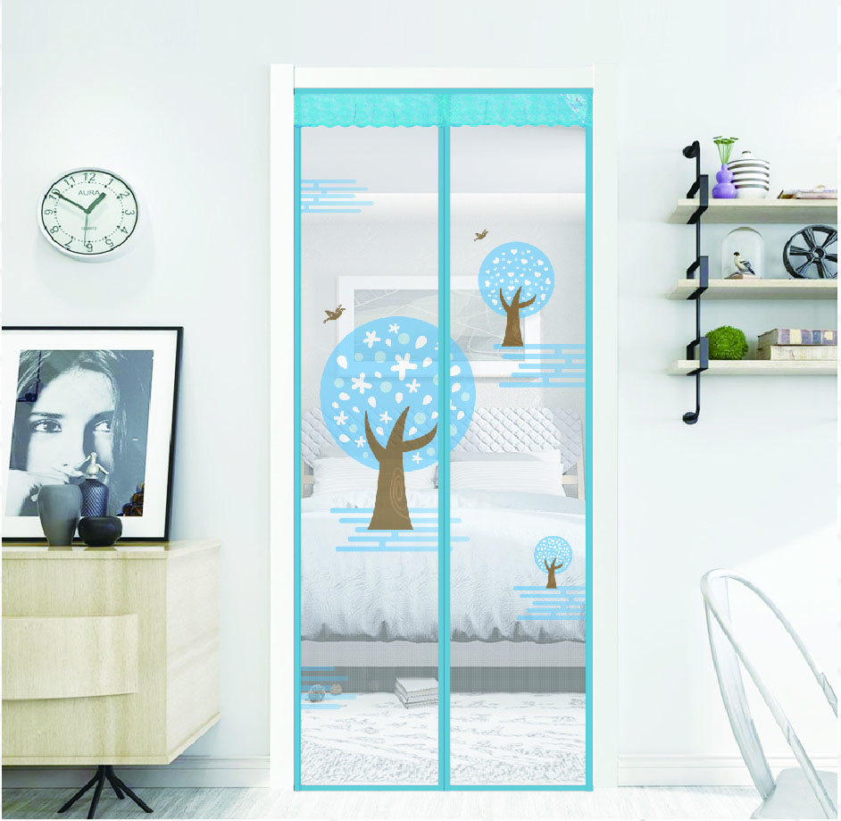 Wholesale and customization Magnetic fly bug printing mesh door curtain screen Small tree blue